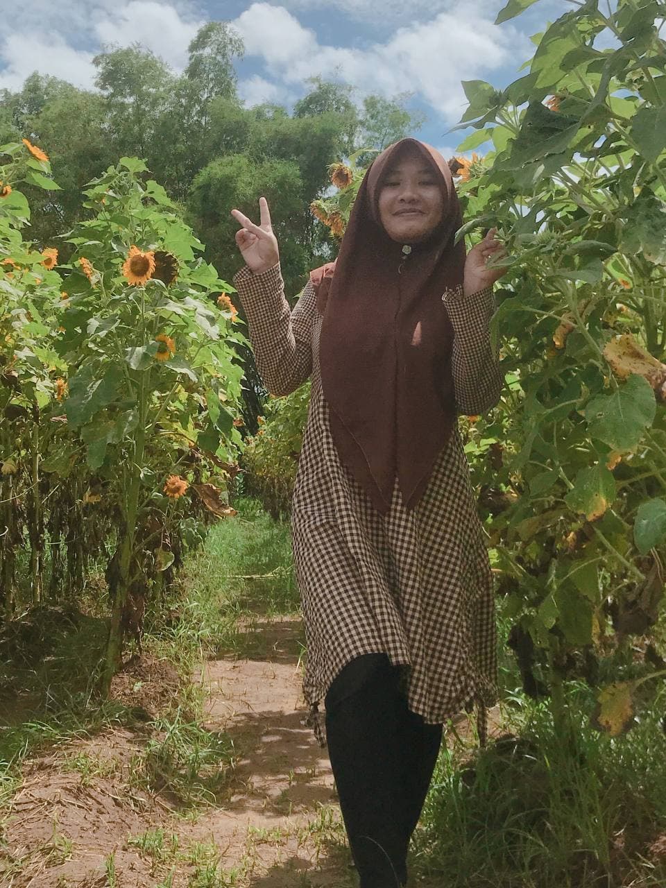 Fortunela posing in sunflower field.